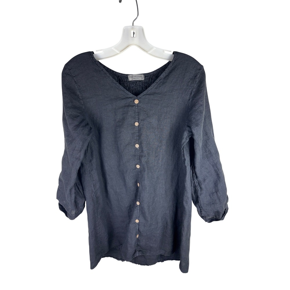 Terzo Millennio Black 100% Linen Button Down Tunic Top Made in Italy Small